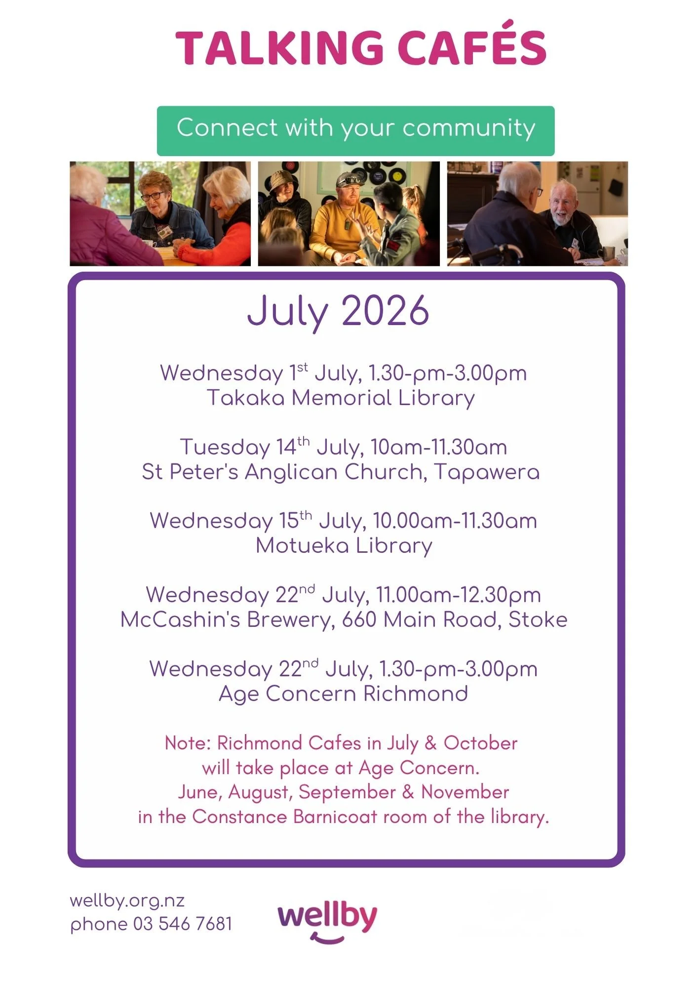 Schedule for Wellby Cafes July 2026.