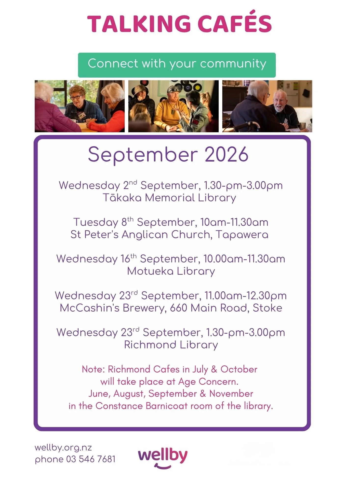 List of Wellby Talking Cafes for Sept 2026 run by Volunteer Nelson.