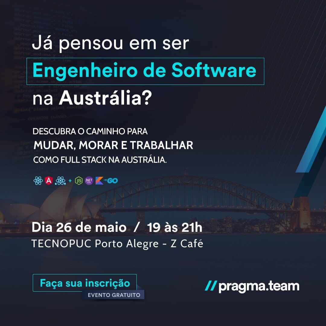 [PT-BR] Estamos indo para o Brasil e queremos compartilhar com voc&ecirc; como &eacute; a experi&ecirc;ncia de mudar, morar e trabalhar na Austr&aacute;lia desenvolvendo produtos de software de alto n&iacute;vel com a Pragma.

Se voc&ecirc; &eacute; 