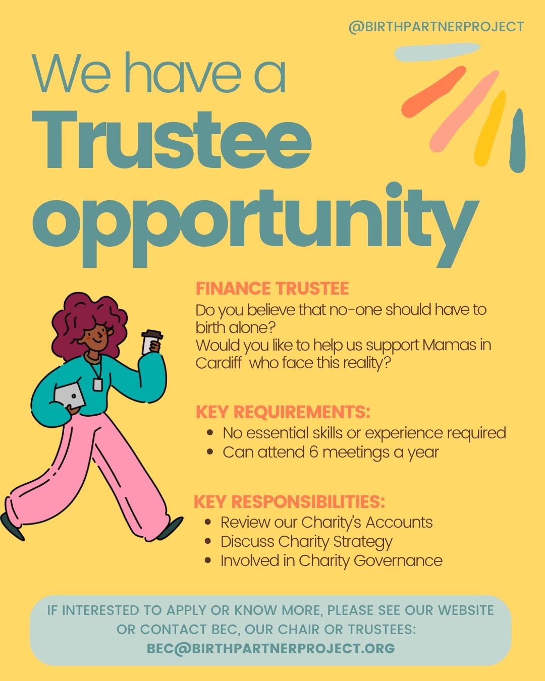 Our Finance Trustee opportunity is still vacant - could you help us? 
💜 Do you believe that no-one should have to give birth alone?
📈 Could you be a second pair of eyes on our Finance Manager's Annual Accounts once a year in October-November?
🗓️ C