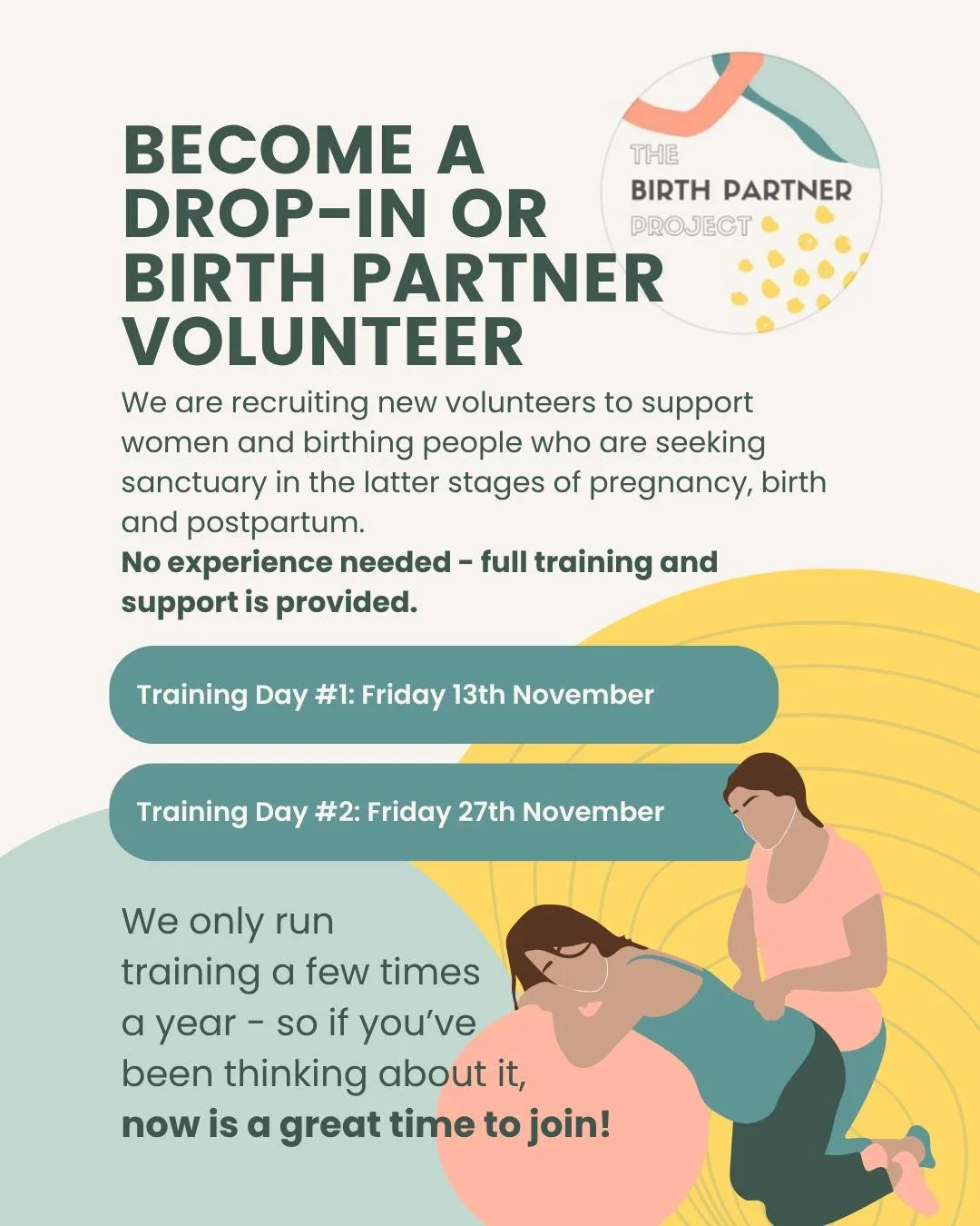 Know someone who'd be a good Birth Partner Project Volunteer? Please share this with them!

Considering volunteering yourself? We would love to hear from you!

Now is great time to join us as a volunteer - we have upcoming training in November! Sign 