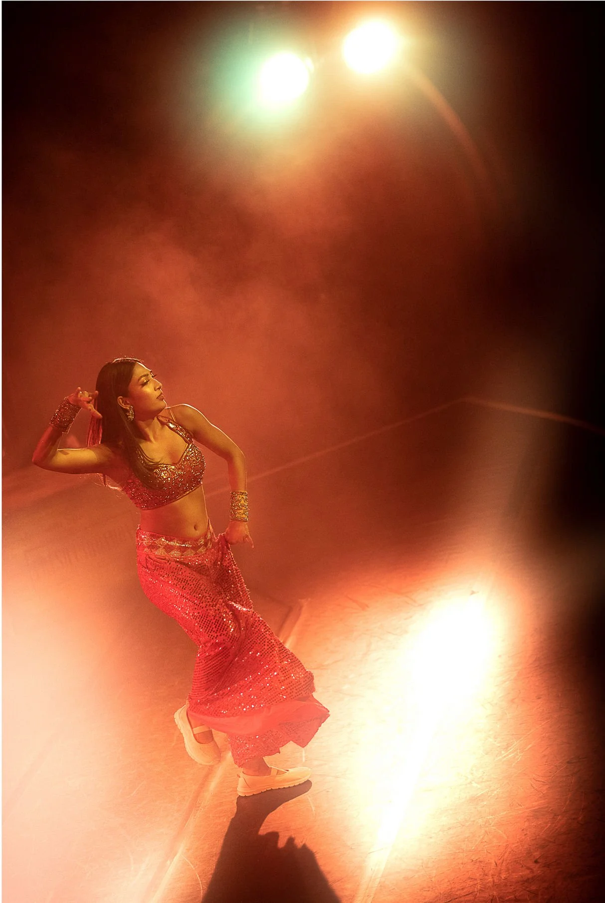 Bollywood female dancer during world tour with beautiful lights 