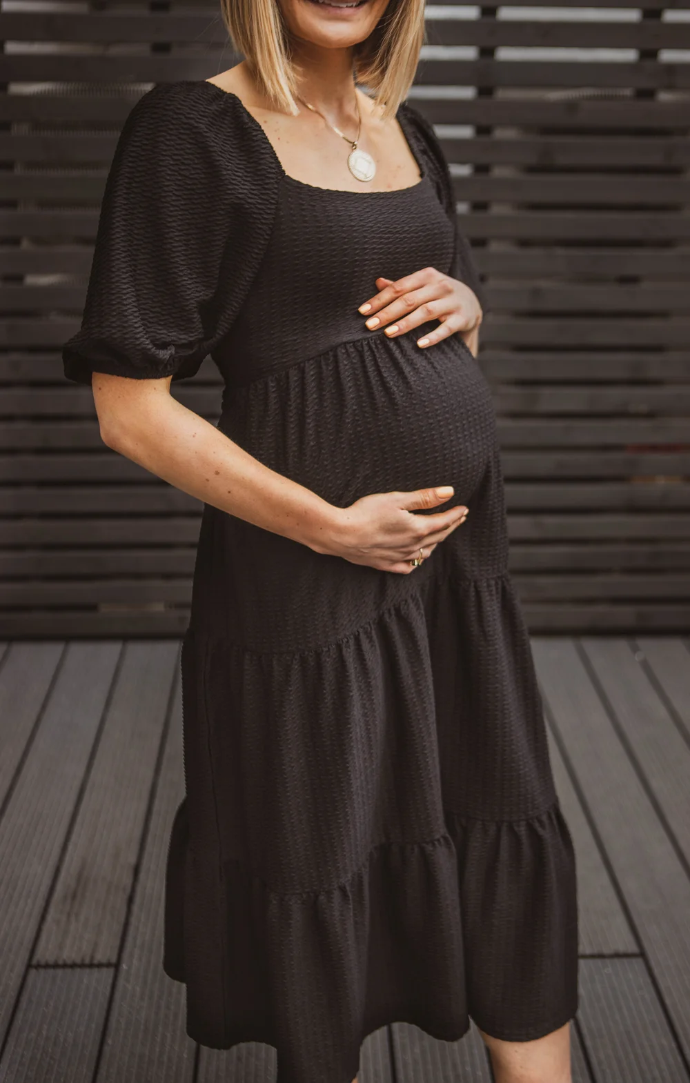 black tiered midi dress Karen Kane Tiered Midi Dress