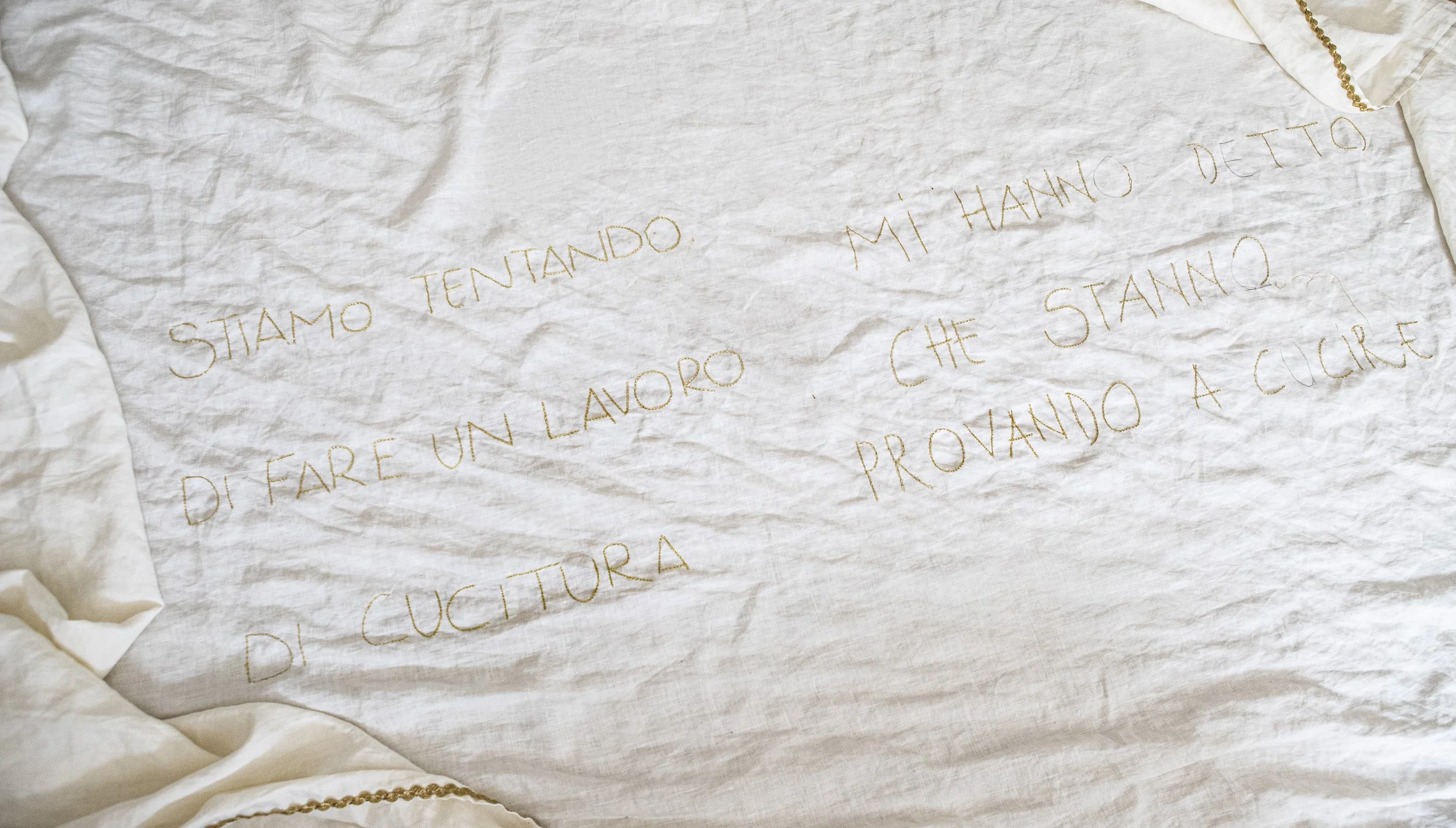 Frase cucita su tessuto bianco che recita: "Stiamo tentando di fare un lavoro di cucitura, mi hanno detto che stanno provando a cucire".