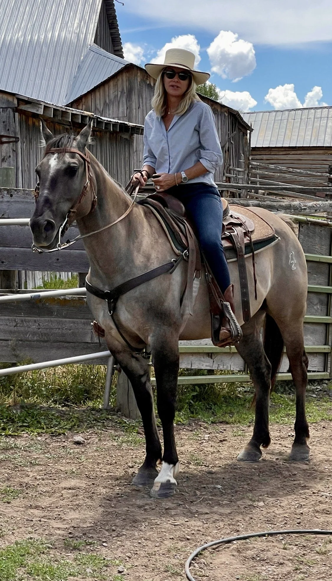 Woman wearing a wide-brimmed hat and sunglasses riding a gray horse with a saddle, in a rural setting with wooden barns and blue sky with clouds.