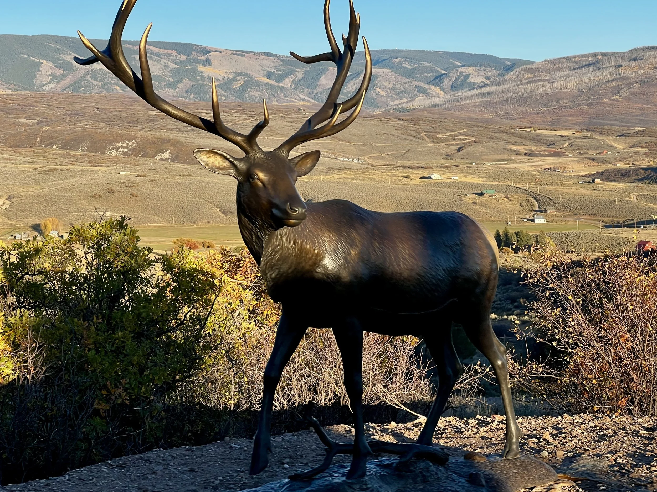 Bronze statue of a majestic elk with large antlers, standing outdoors in a mountainous landscape with dry bushes and distant hills.