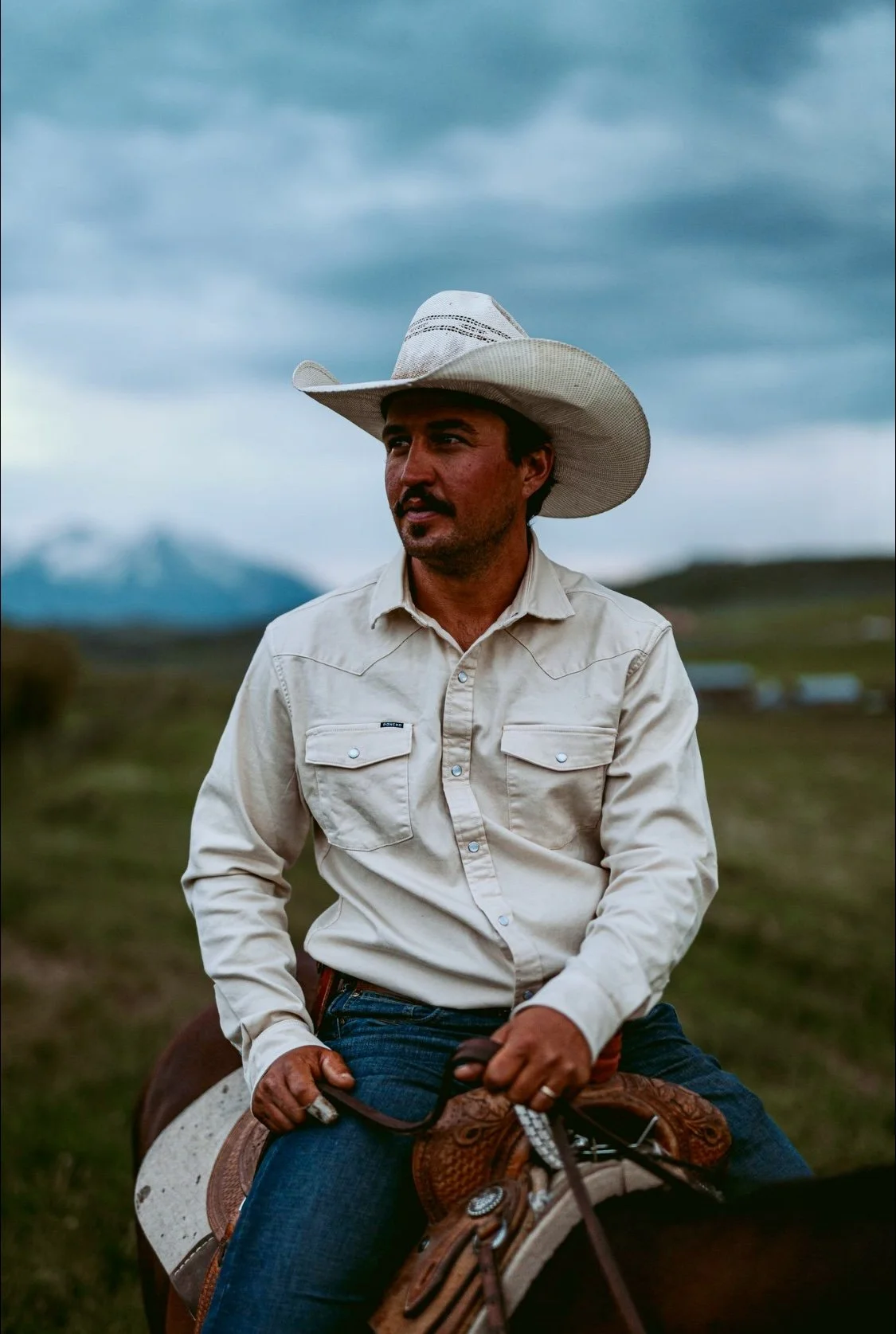 A man in a cowboy hat riding a horse in a rural landscape with mountains in the background.