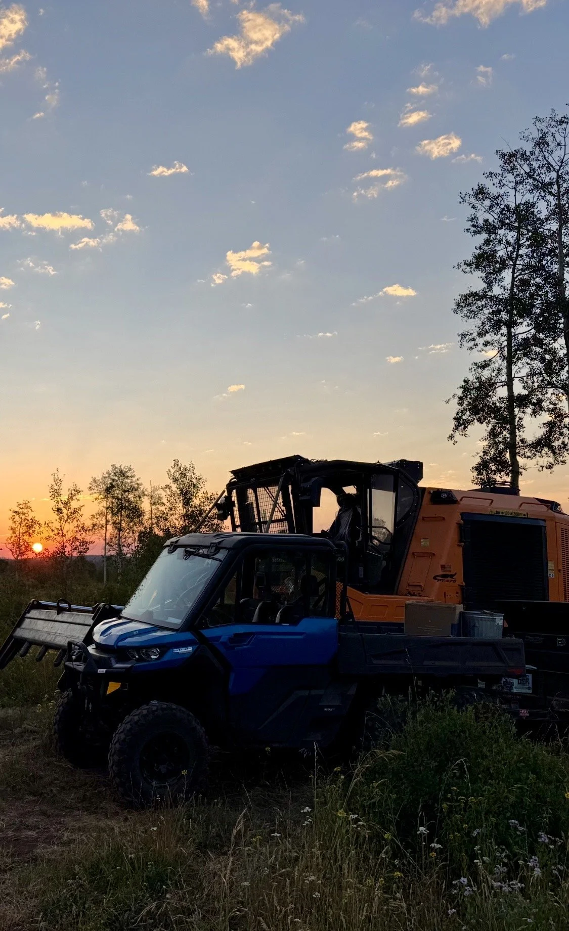 A blue utility vehicle and an orange construction excavator parked on grassy land during sunset, with trees and a partly cloudy sky in the background.