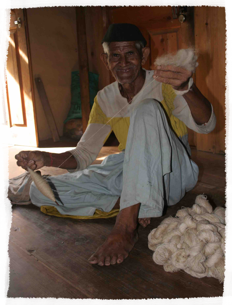 The herders also practice drop-spindle or takli spinning. Takli spinning requires no tools except a large pebble or a piece of wood lying in their path! Both sheep, yak, and camel herdsmen spin at all times; while taking it easy under a tree, amblin