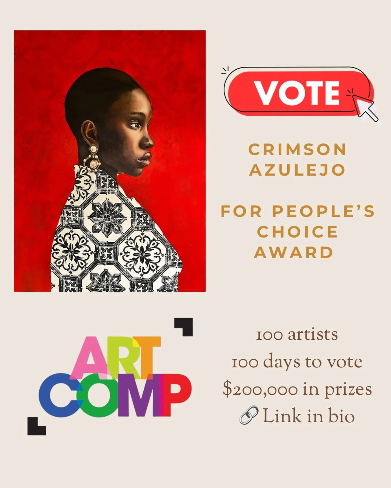 Crimson Azulejos is in the running for the People&rsquo;s Choice Award at ART COMP 2026 and your vote means everything to me. 🙏

This piece is part of a collection that started with a trip to Portugal. I was completely captivated by the azulejos, th