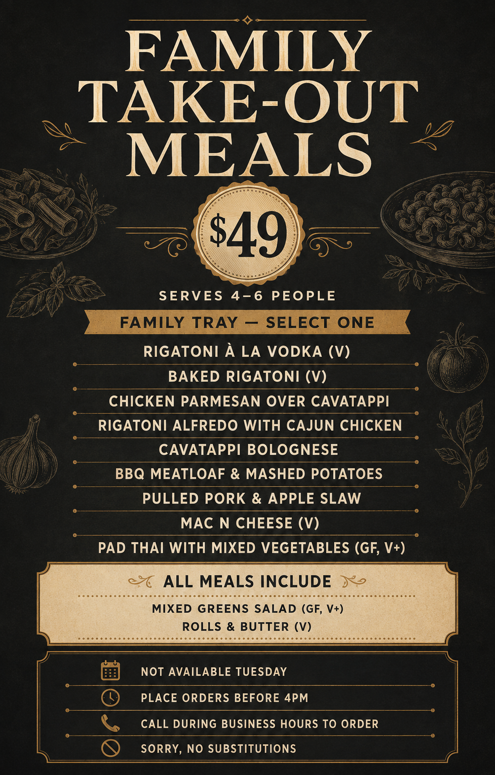 Menu for The Union House offering family take-out meals for 4-6 people, priced at $49, including a choice of one family tray such as rigatoni a la vodka, baked rigatoni, chicken parmesan, or other Italian dishes, with sides of mixed greens salad and rolls and butter; located at 19 E. Union Street, Burlington, NJ.