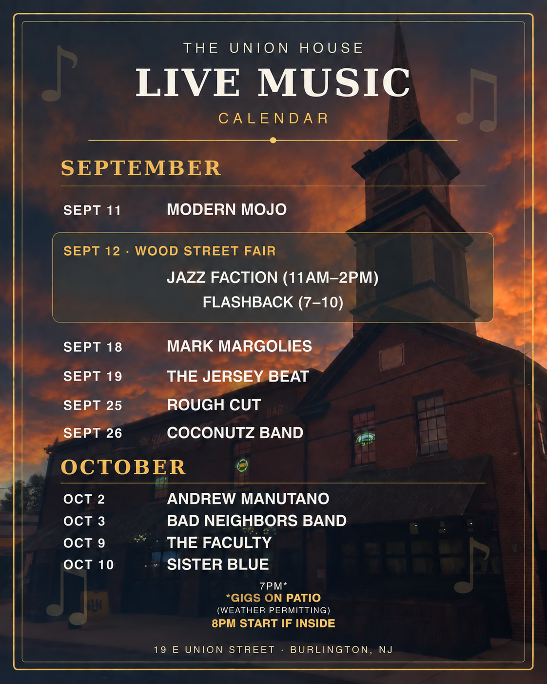 Event poster for "The Standard at The Union House," Burlington, NJ, featuring live music schedule
