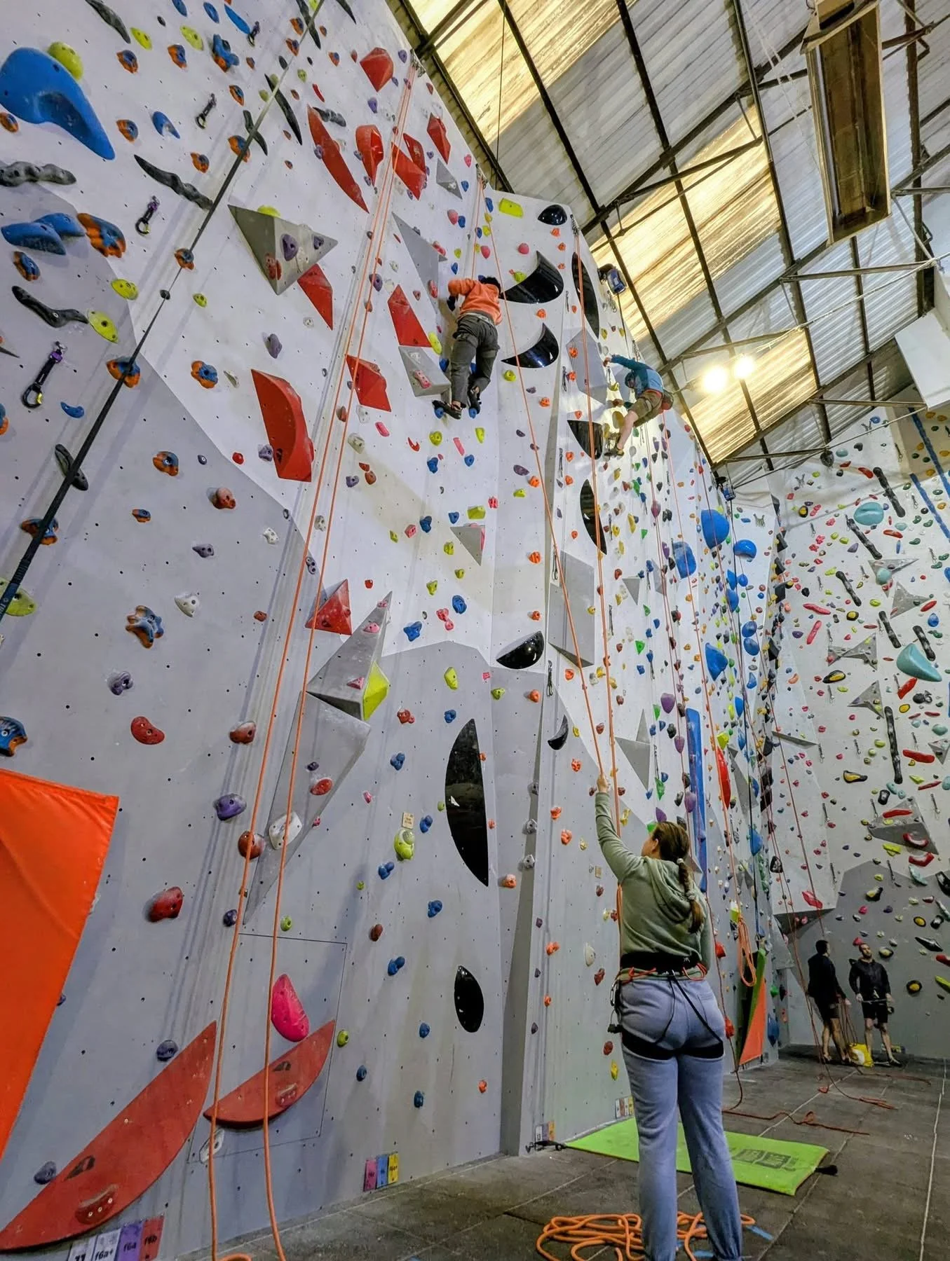 Indoor rock climbing gym with colorful climbing holds on a white climbing wall, two climbers ascending and a woman belaying from the ground.