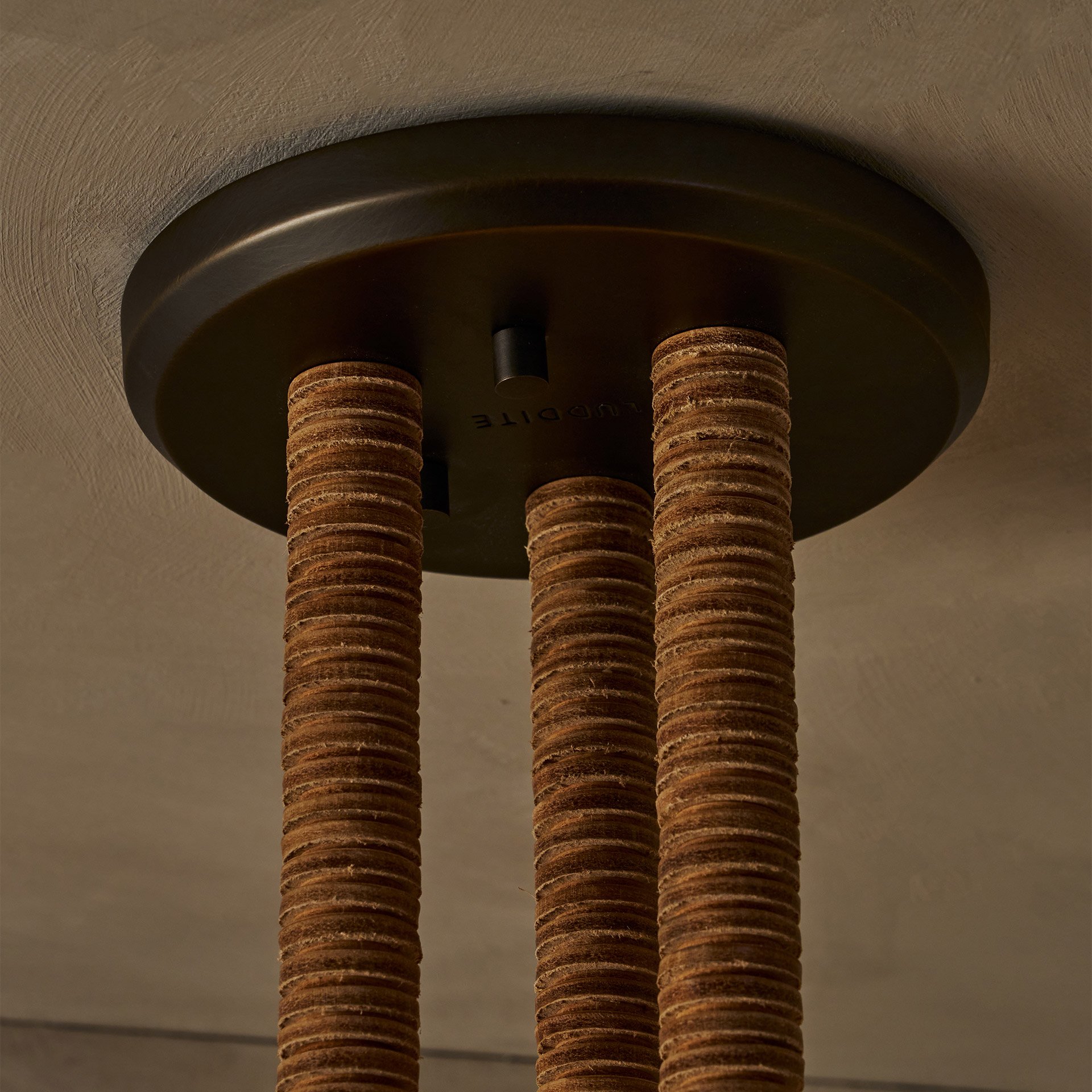 Ceiling mount light fixture with leather, brass and frosted glass components