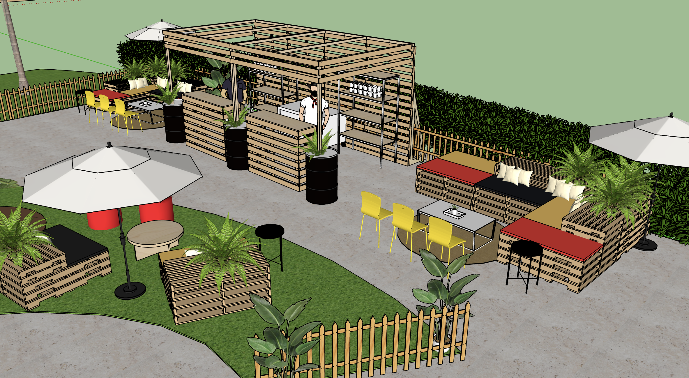 Concept sketch and idea of an outdoor event space with a custom wooden bar, umbrellas, and pallet seating