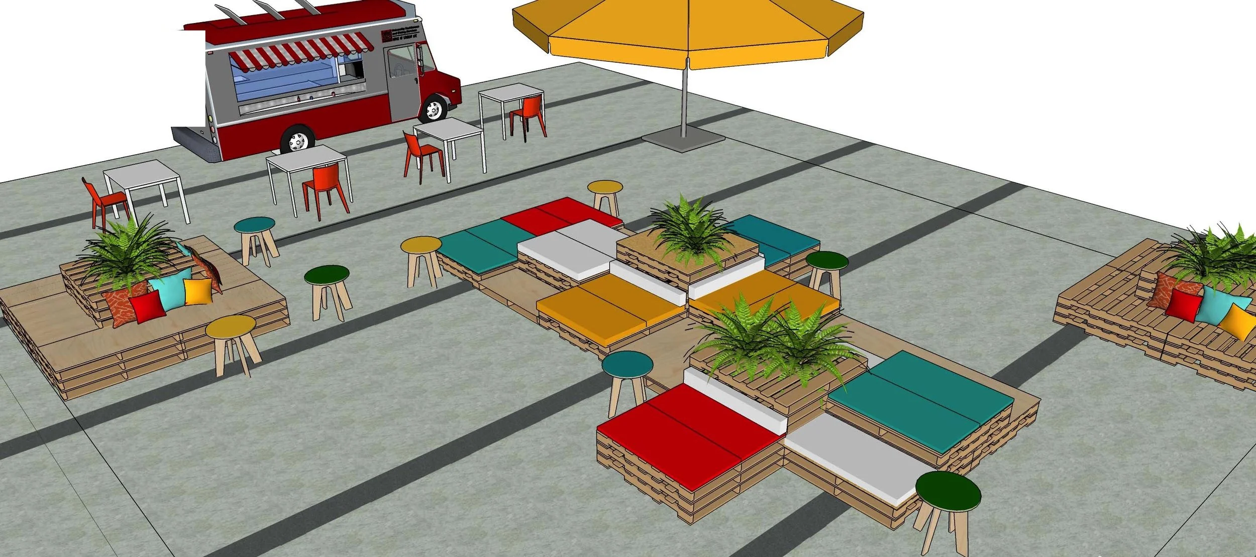 3D sketch of a plaza food truck activation with colorful pallet lounges, stools, and umbrella seating