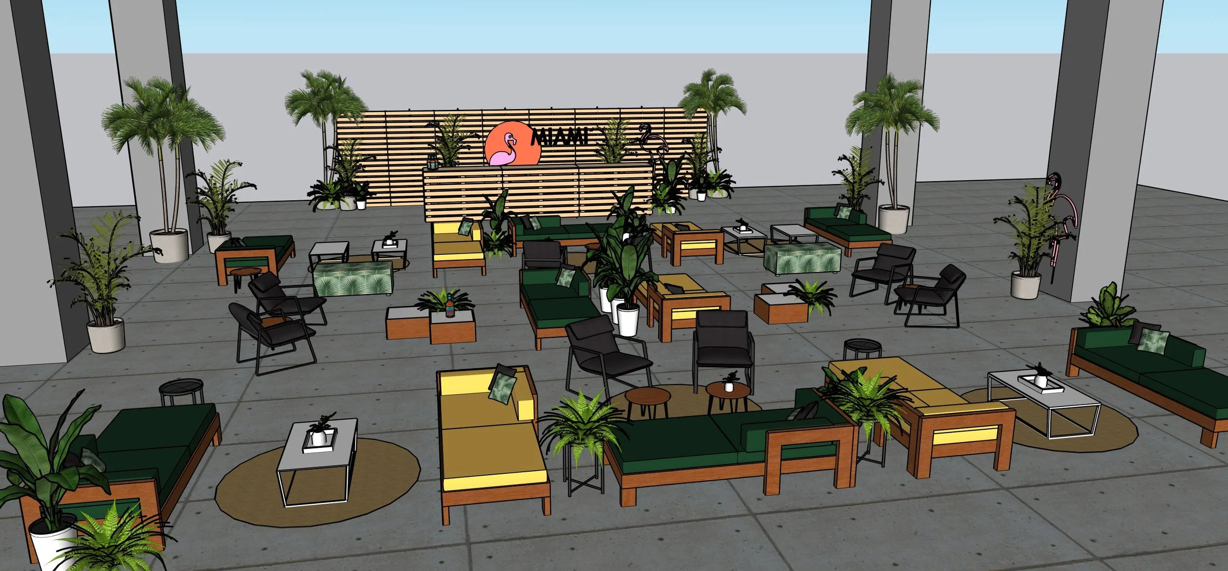 3D rendering of a Miami event lounge with sofas, greenery, and a branded wood-slat backdrop
