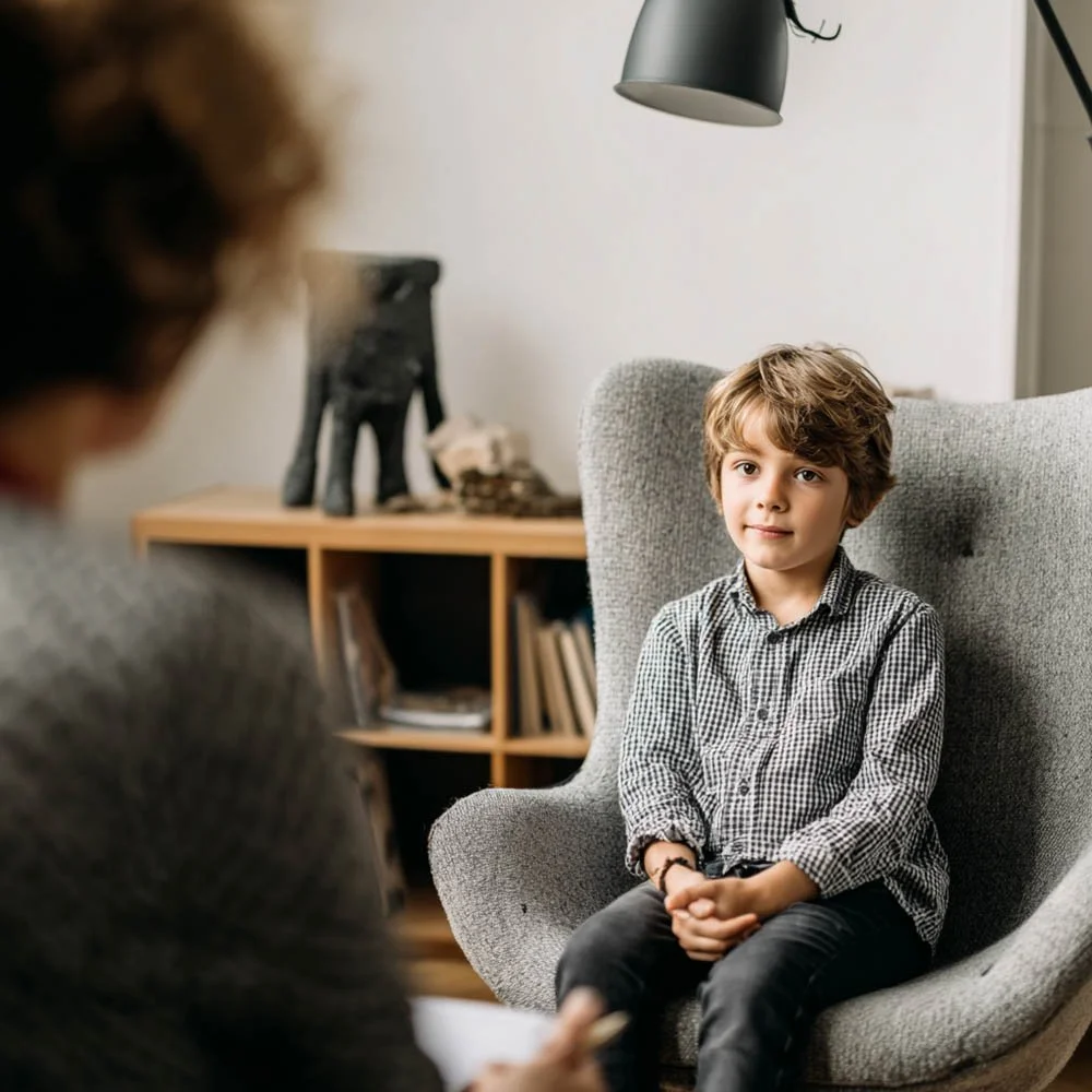 Child speaking with therapist during CBT session