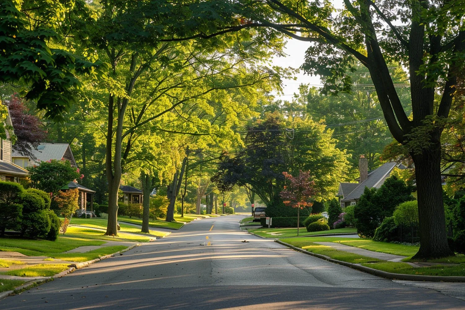 Quiet residential neighborhood street lined with lush green trees and well-maintained houses on either side, illuminated by soft sunlight.