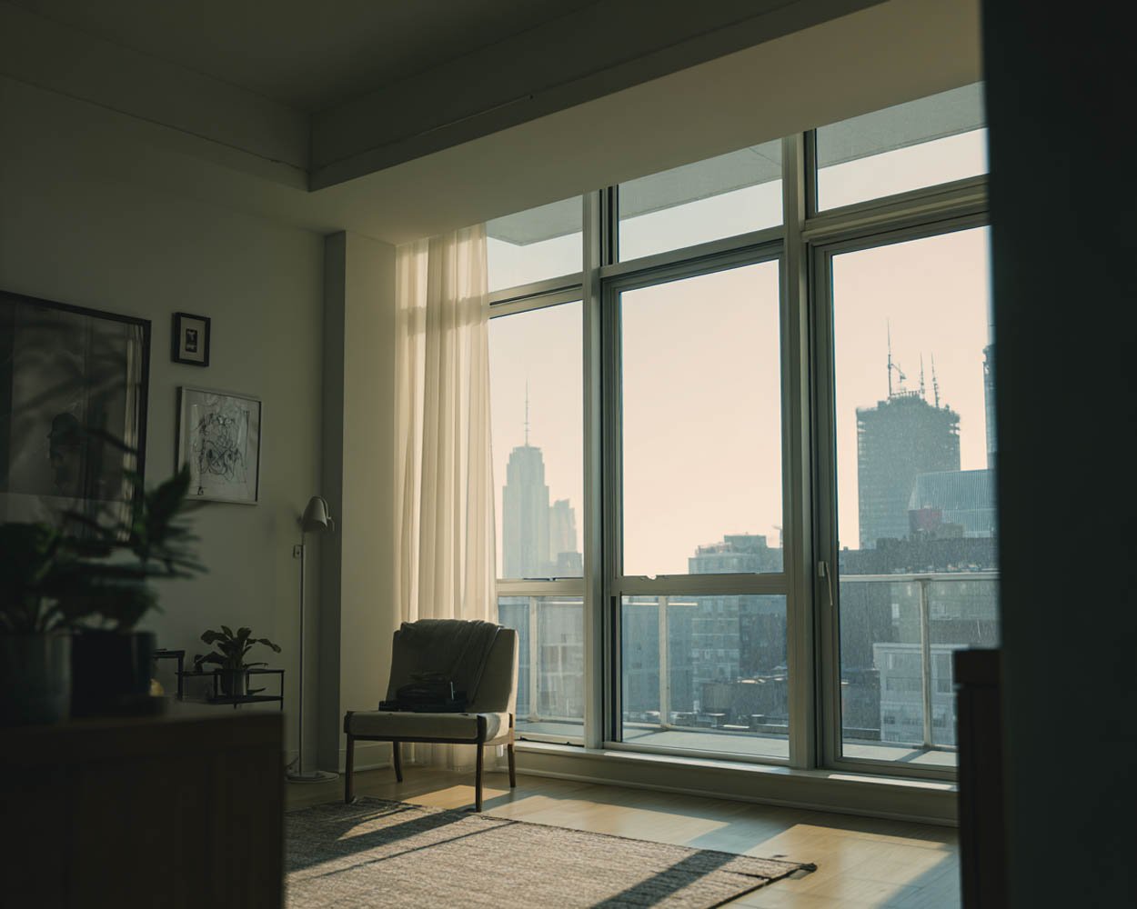 A modern living room with large floor-to-ceiling windows showing a city skyline with skyscrapers, including the Empire State Building, during daylight.