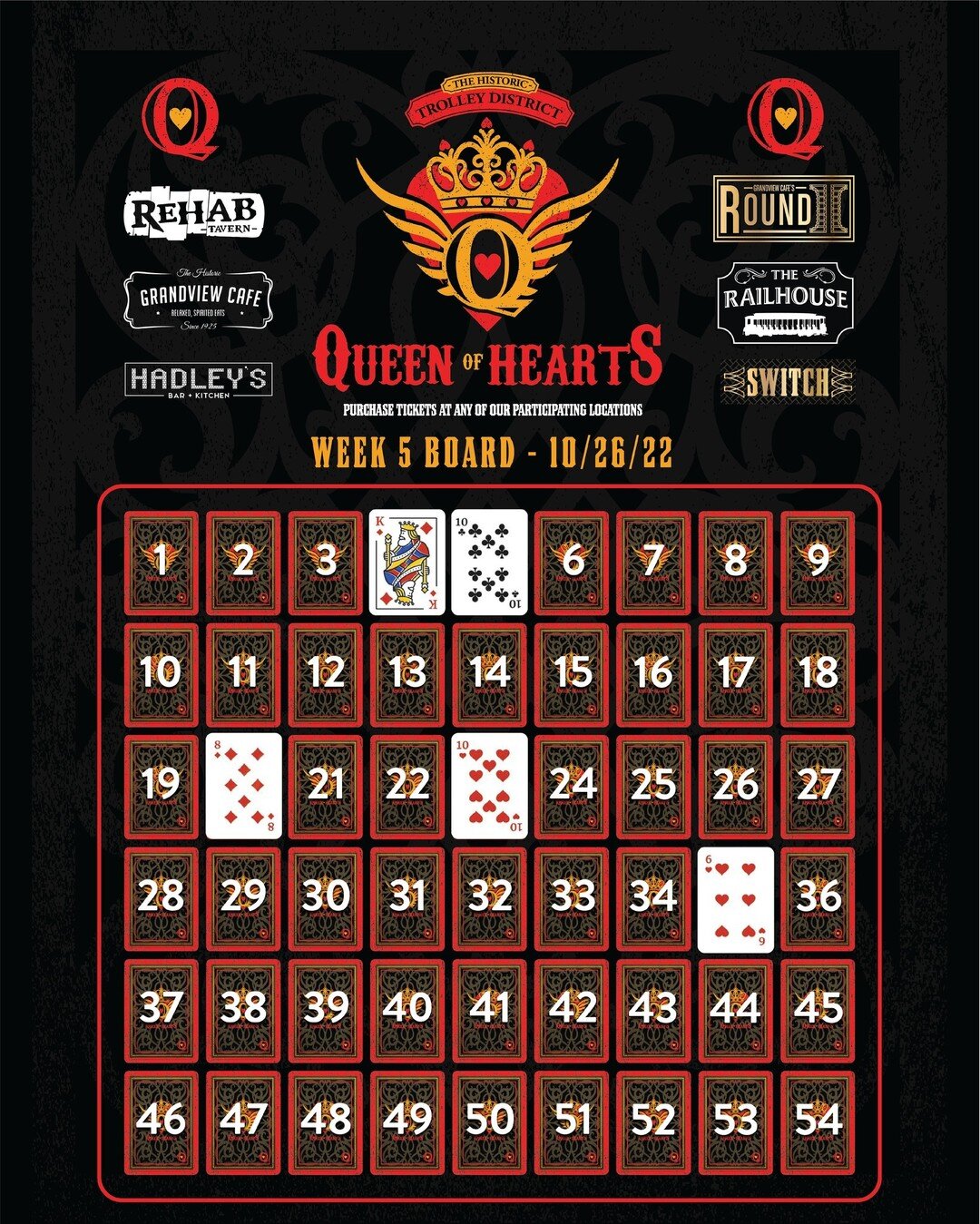 WEEK 5 - NO JACKPOT WINNER! | Week 5 is in the books! Last night card number 20 was turned over and found NOT to be the Queen Of Hearts. THE GAME GOES ON! Congrats to all of our drawing winners last night with over $1,000 in cash prizes given out! 

