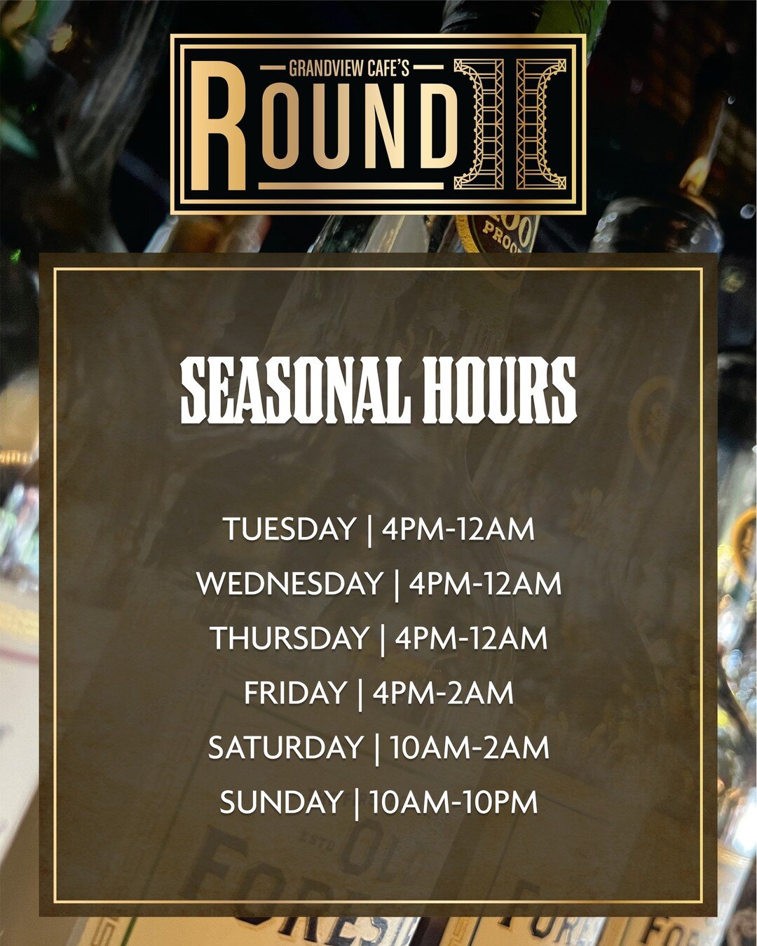SEASONAL HOURS | As we come into the winter season at Round II, we&rsquo;re updating our hours. Be sure to review them carefully so you know when you can come party with us next. We can&rsquo;t wait to see you this winter!

#seasonalhours #newhours #