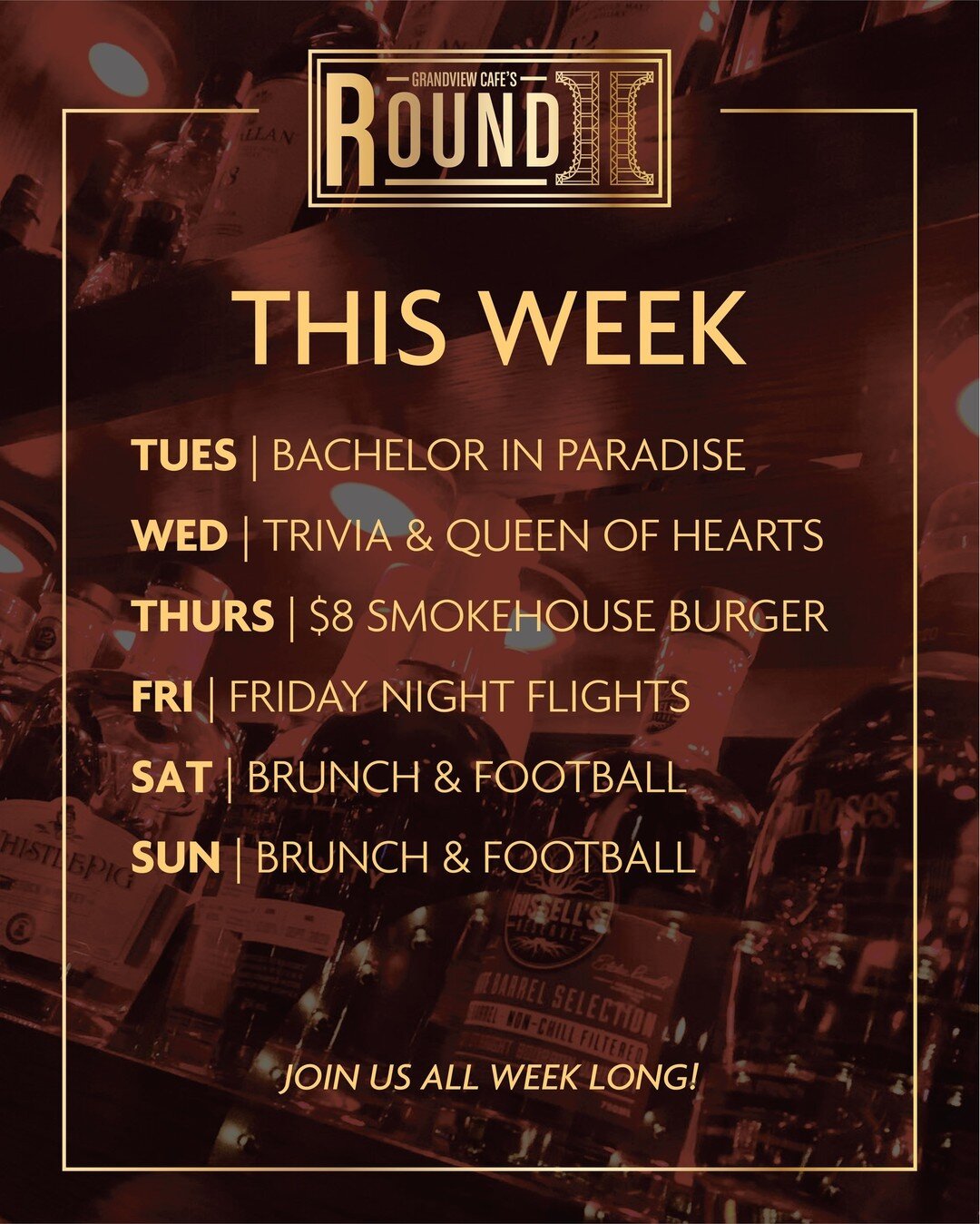 THIS WEEK | Take a look at our schedule coming up this week! Plenty of great reasons to come out and party with us. Plan ahead and join us all week long!

#thisweek #weekly #weeklyschedule #football #trivia #queenofhearts #fridaynight #brunch #suppor