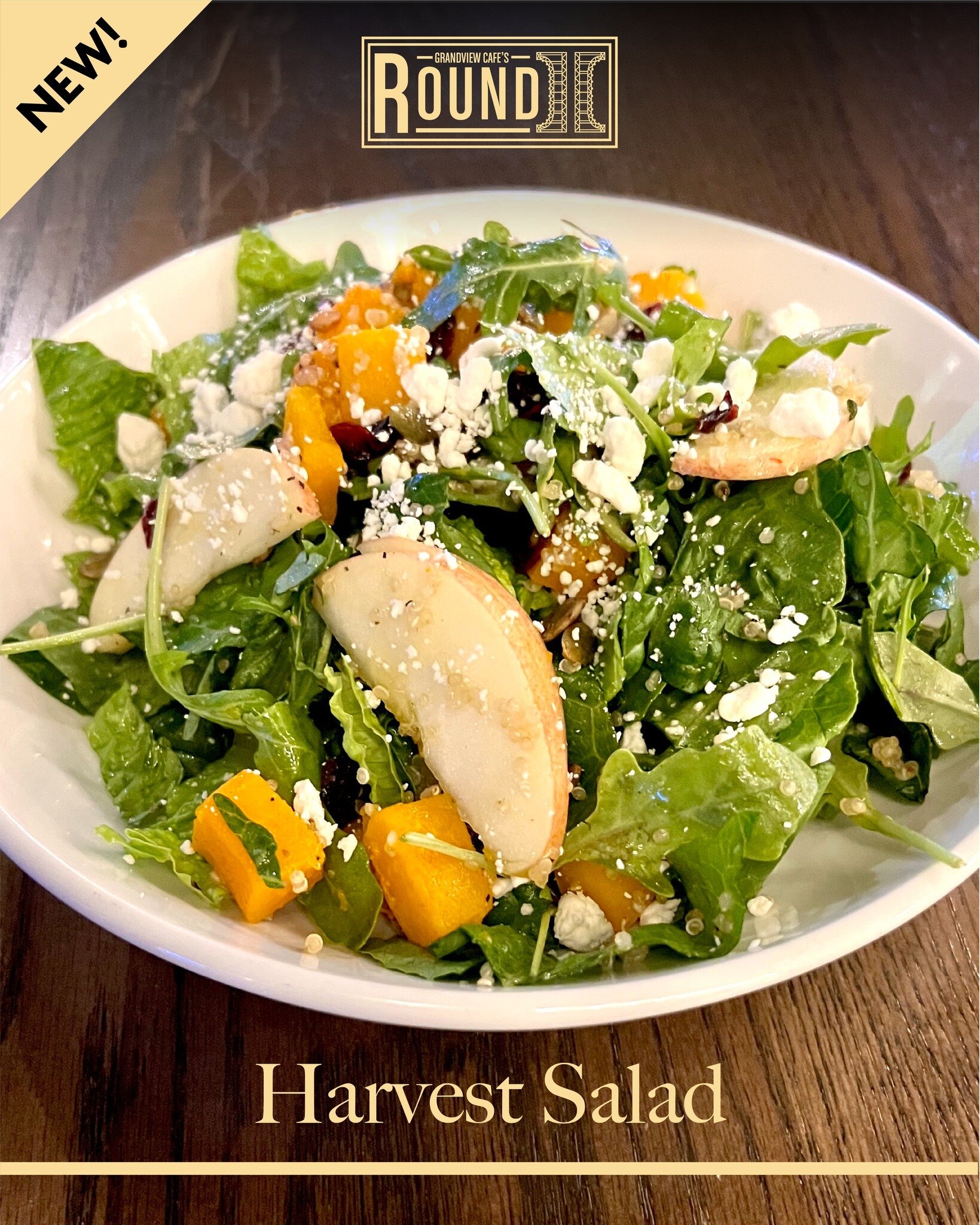 NEW: HARVEST SALAD | Our delicious new harvest salad features mixed lettuces, roasted butternut, quinoa, apple, dried cranberries, goat cheese, spiced pepitas &amp;lemon vinaigrette.

#newmenu #freshtake #comingsoon #cafesround2 #grandviewcafe #grand