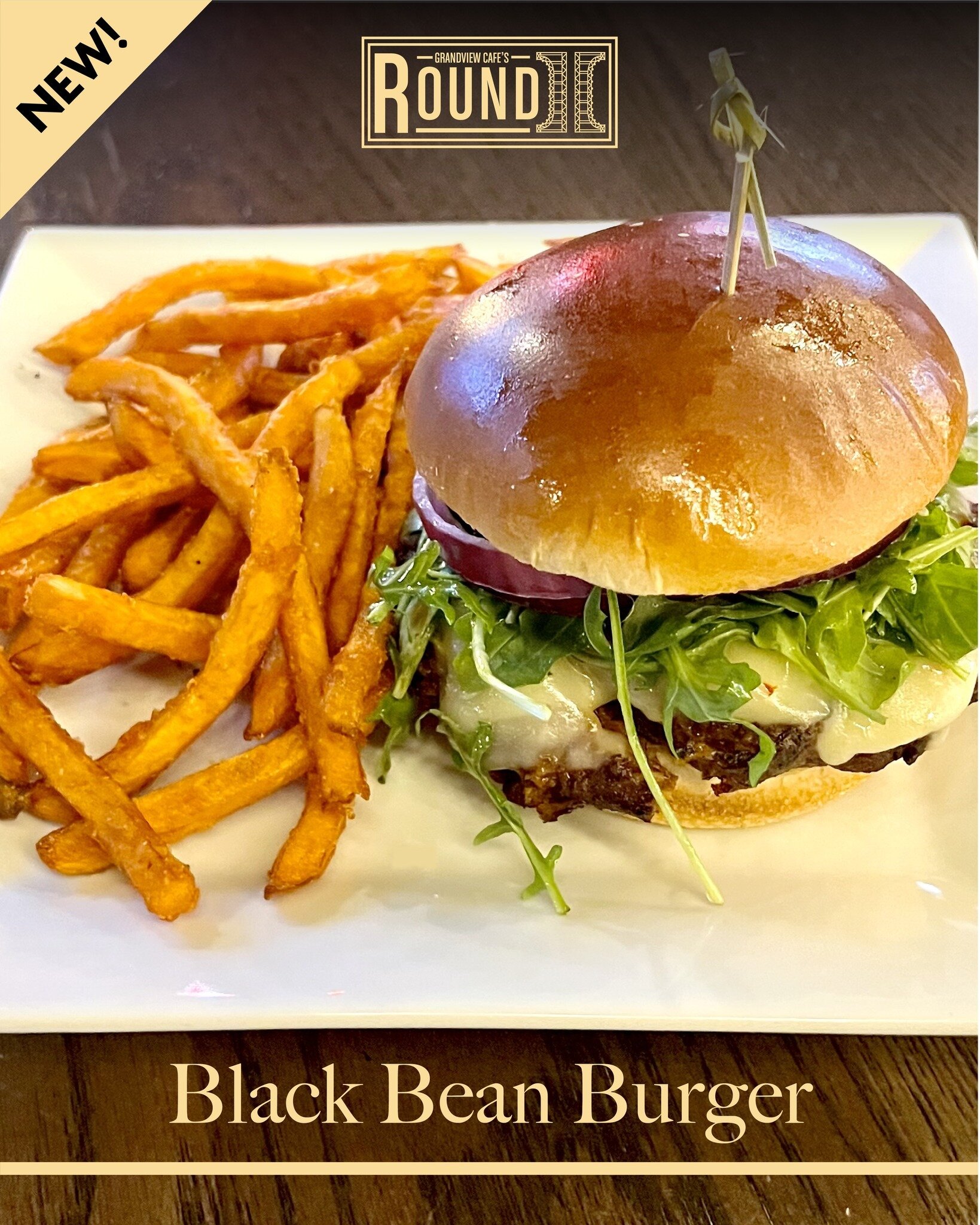NEW: BLACK BEAN BURGER | Our hearty black bean burger features Pepper Jack cheese, chipotle mayo, romaine lettuce, mashed avocado, red onion &amp; garlic pickles on a brioche bun.

#newmenu #freshtake #comingsoon #cafesround2 #grandviewcafe #grandvie