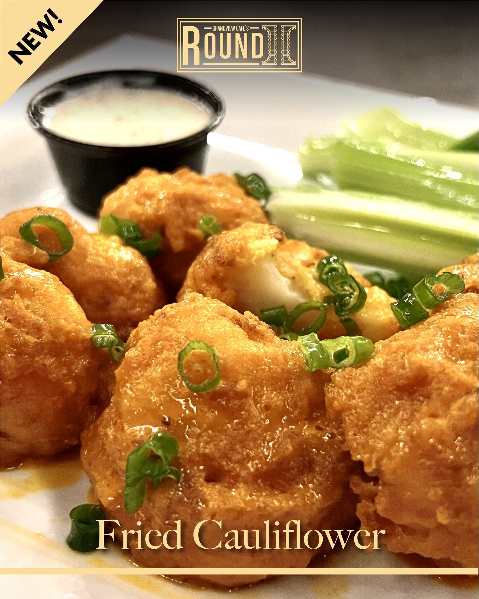 NEW: FRIED CAULIFLOWER | Our crispy fried cauliflower features IPA battered cauliflower bites served with celery and blue cheese or ranch &amp; your choice of sauce; naked, Buffalo, white BBQ, or orange sriracha glaze - on the side or tossed 

#newme