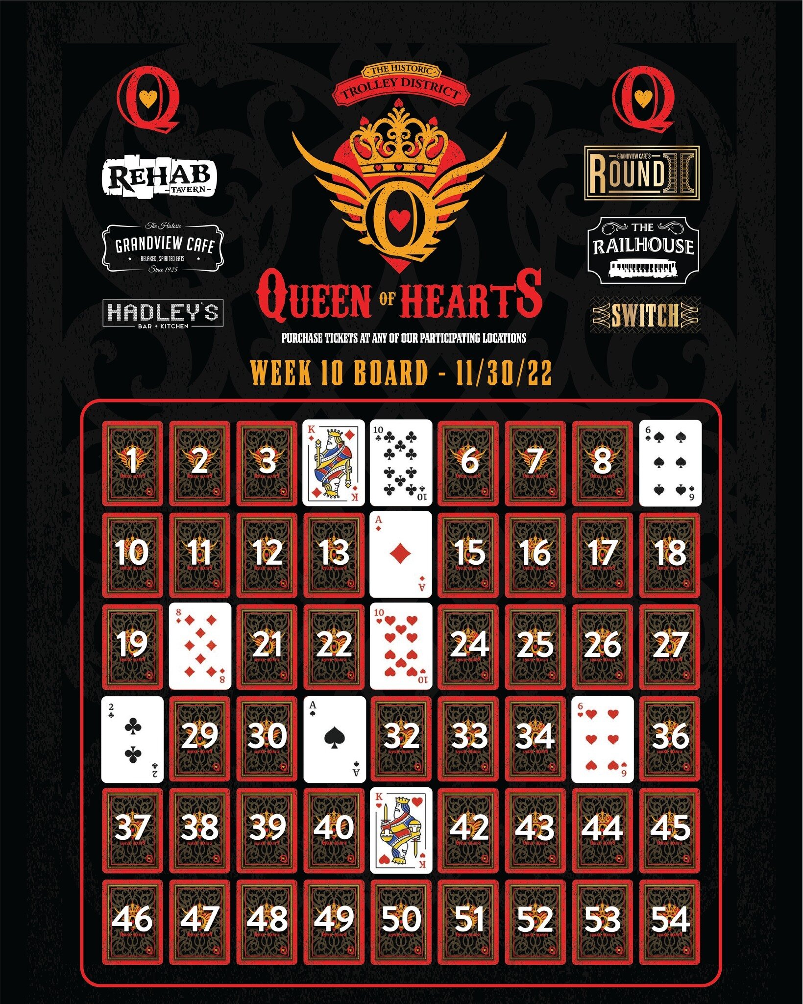 WEEK 10 - NO JACKPOT WINNER! | Week 10 is in the books! Last night card number 14 was turned over and found NOT to be the Queen Of Hearts. THE GAME GOES ON! Congrats to all of our drawing winners last night! 

The time to buy tickets for week 11 is n