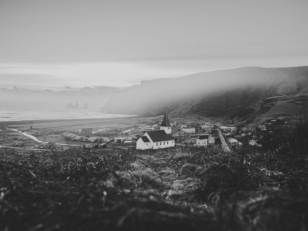 Black and white photography capturing twilight in Vik Iceland