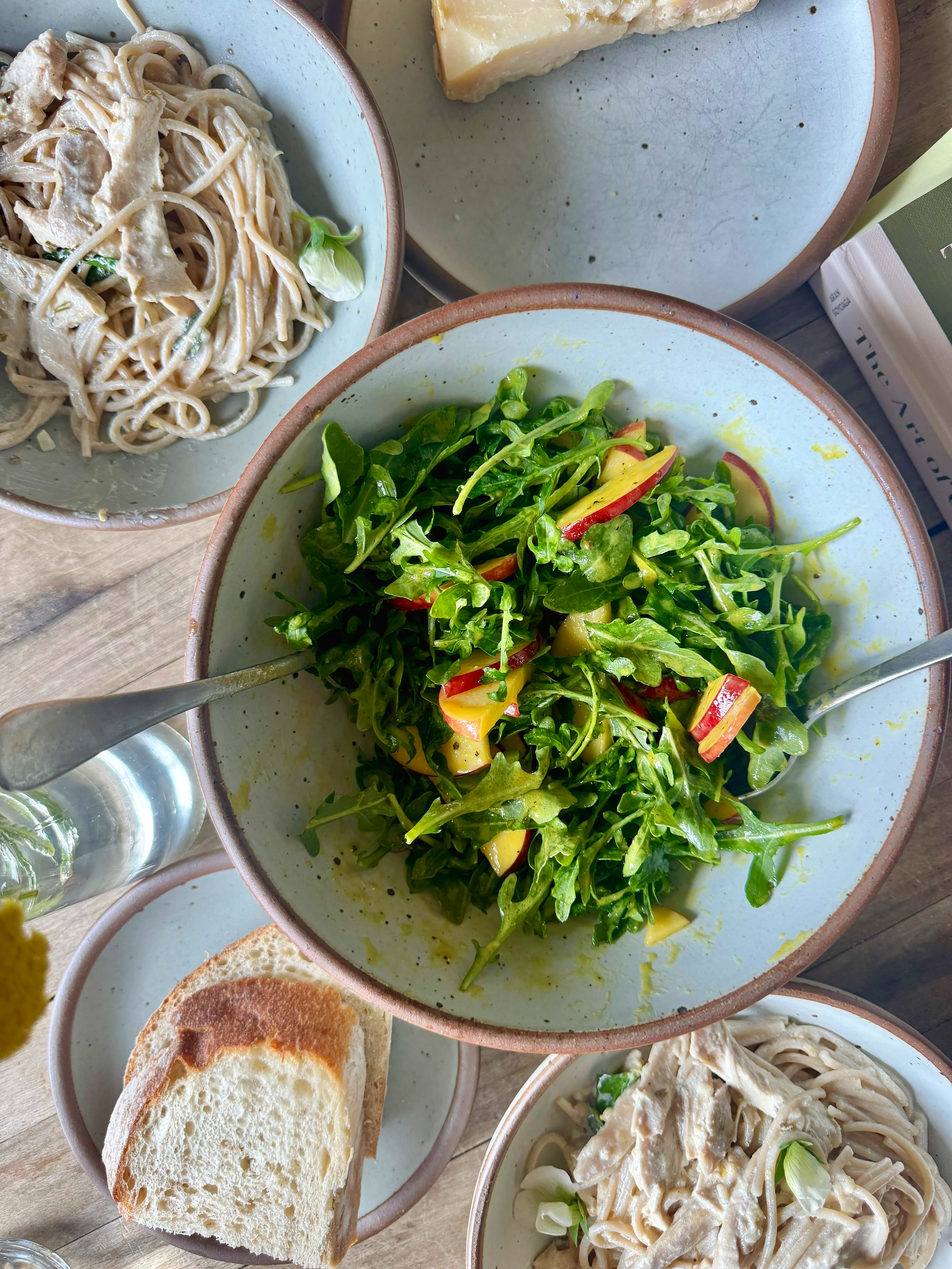 Lemon Garlic Chicken Pasta Arugula Peach Salad by Jama Finney Photography