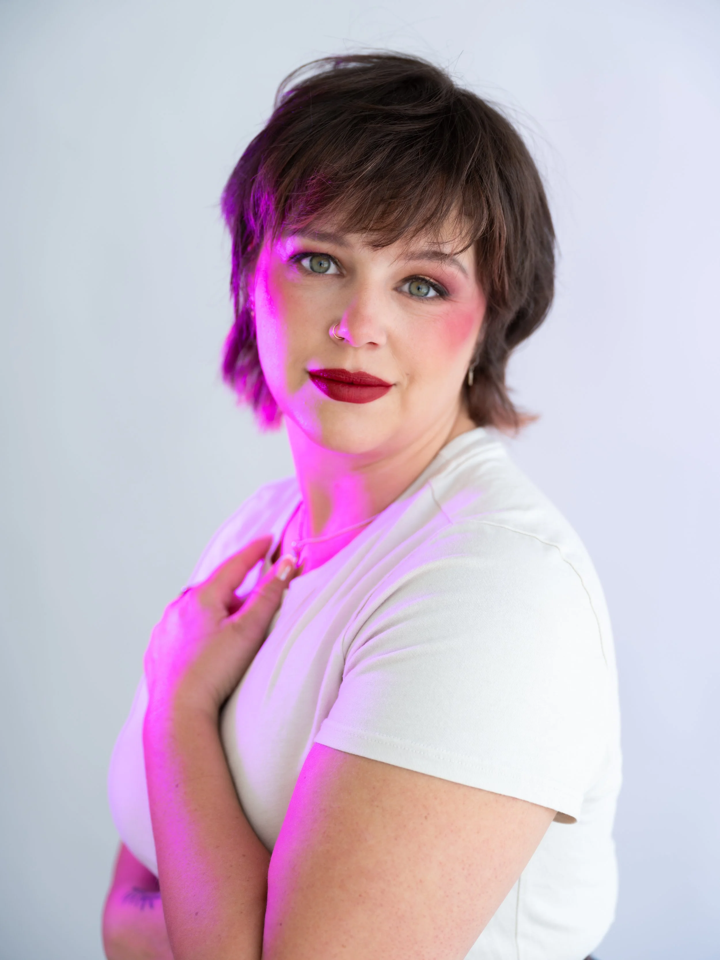 Kristyna Zaharek Personal Brand Photoshoot pink lights red lipstick by Jama Finney Photography