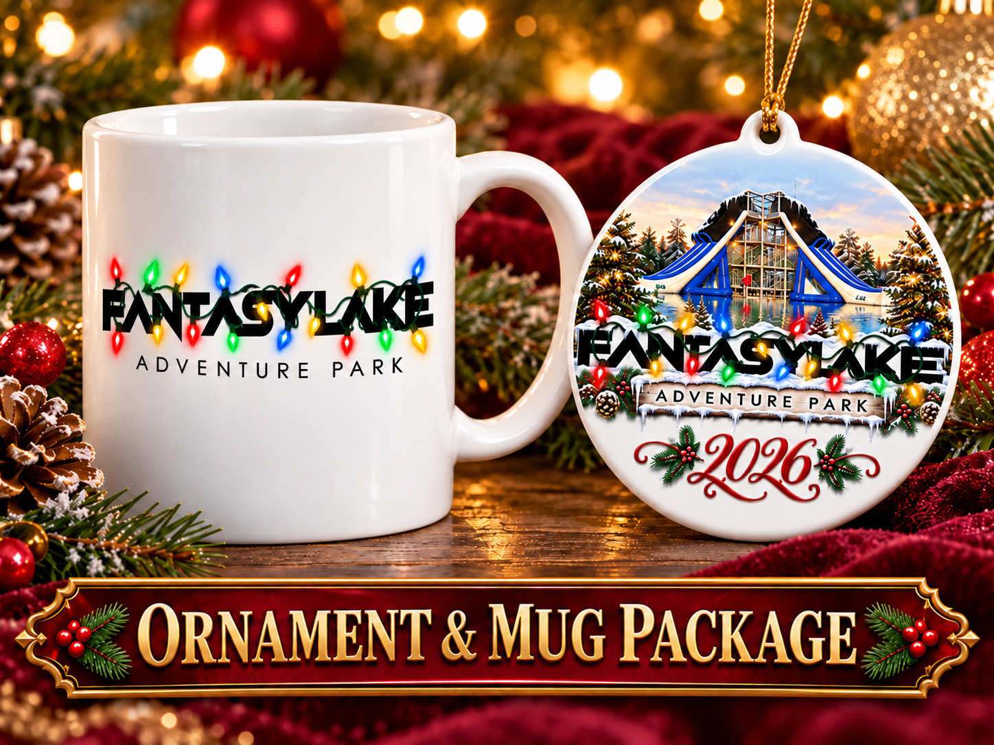 Fantasy Lake Christmas ornament and matching branded white mug