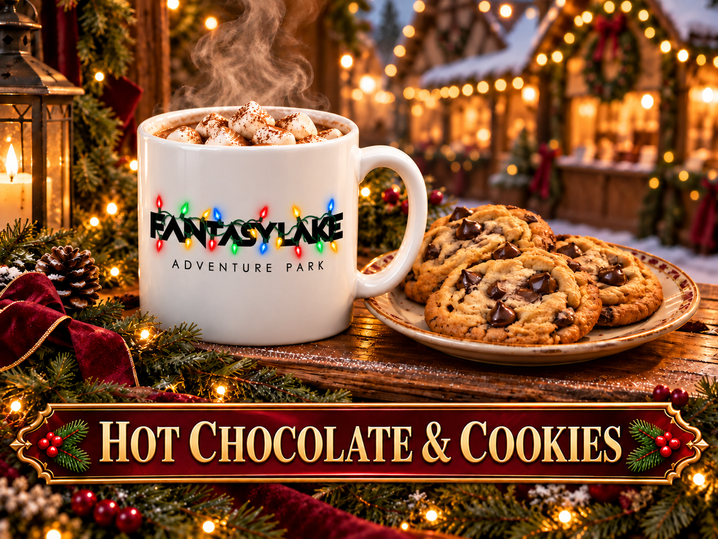 Hot chocolate and cookies with the Fantasy Lake branded white mug