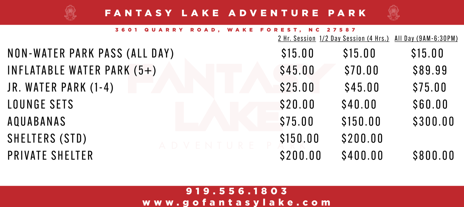 Fantasy Lake water park pass and rental pricing chart