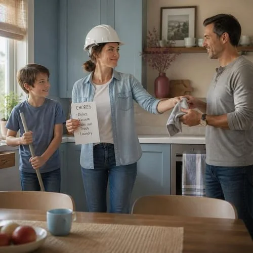 Woman delegating housework to her husband and child.