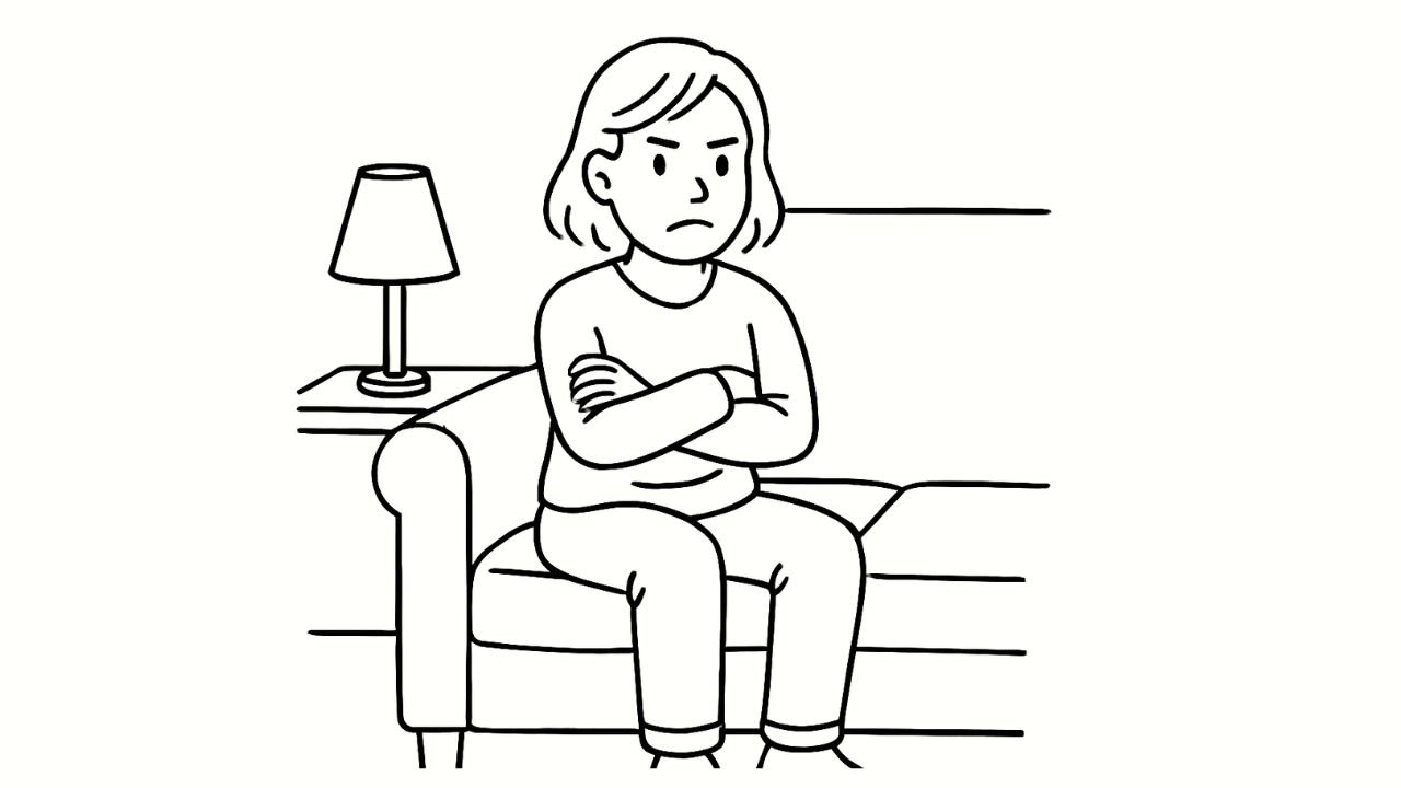 A drawing of a woman sitting on a sofa with her arms crossed and wearing a frown.