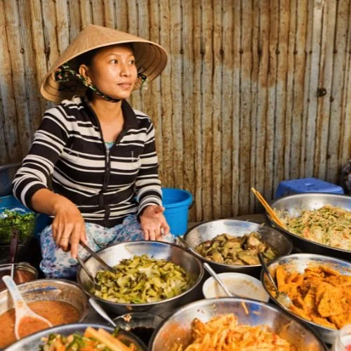 A food stall at an outdoor market.