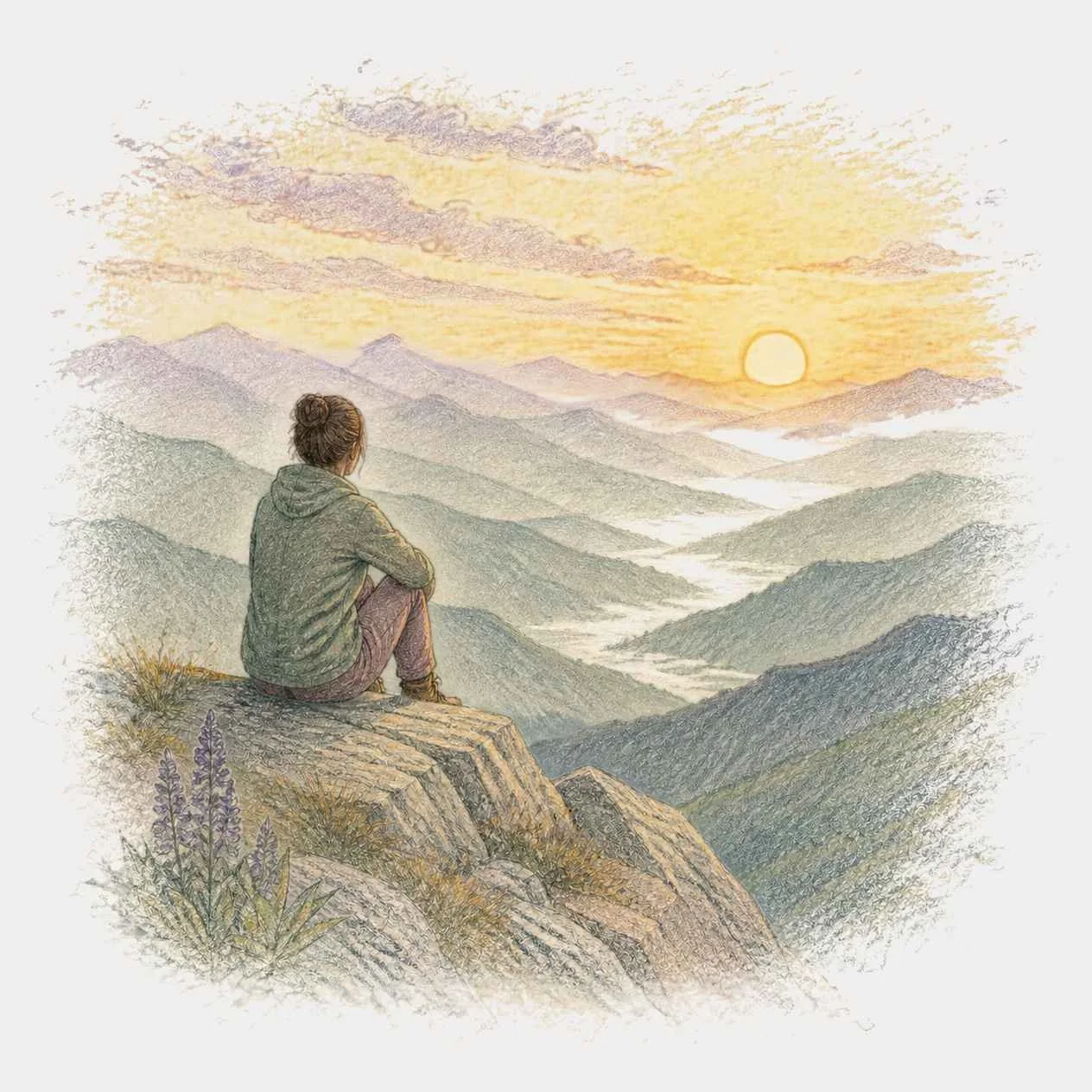 A pencil crayon drawing of a woman sitting atop a mountain, watching the sun rise over a valley.