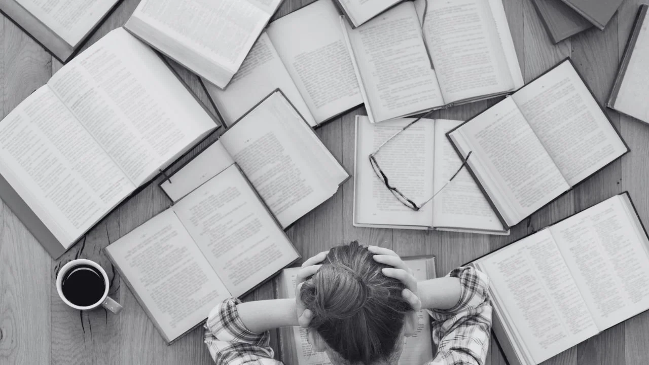 Person studying in a lot of books