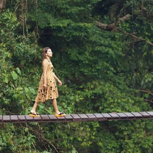 A person walking across a suspended wooden bridge in a forest.