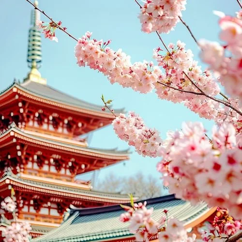 Cheery blossoms in front of a building in Japan.