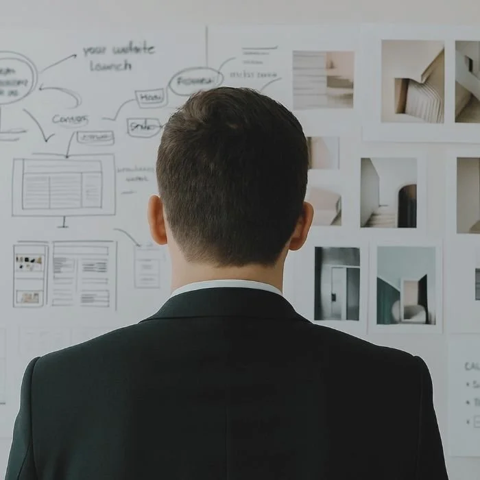 A person looking at a whiteboard with pictures and flowcharts.