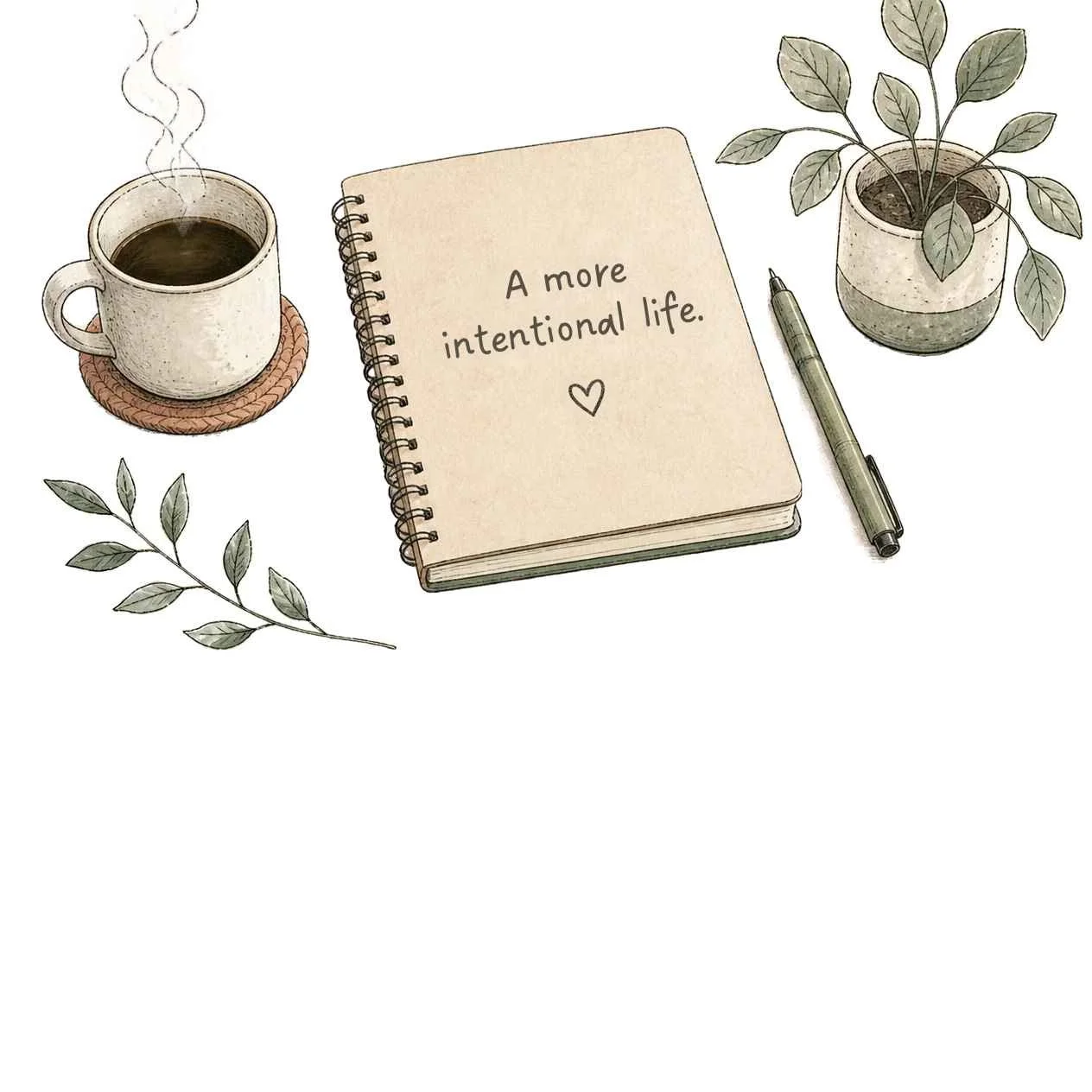 A drawing of a notebook titled, "A more intentional life."