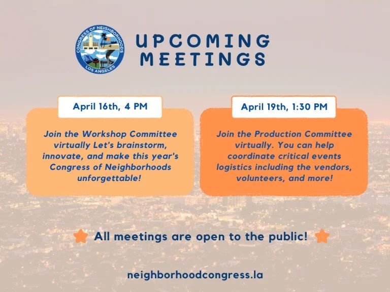 Dive into a week of productivity! 📅 Join us for all our upcoming meetings and let's create an amazing congress together! 

Details: https://www.neighborhoodcongress.la/meetings

#CongressLA24 #GetInvolved #NeighborhoodEmpowerment #CommunityLeadershi