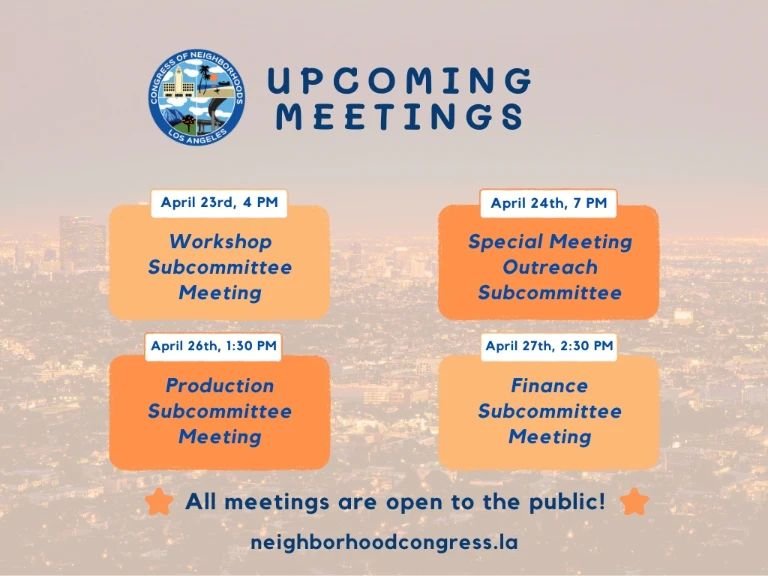 Don't miss out! 📅 Join us for a jam-packed week of meetings and brainstorming sessions. Let's collaborate and make things happen! 

Details: https://www.neighborhoodcongress.la/meetings

#CongressLA24 #GetInvolved #NeighborhoodEmpowerment #Community