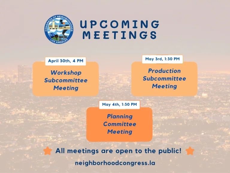 Your weekly agenda awaits! Don't forget to pencil in all our upcoming meetings. Let's make strides together! 💪 

Details: https://www.neighborhoodcongress.la/meetings

#CongressLA24 #GetInvolved #NeighborhoodEmpowerment #CommunityLeadership #Communi