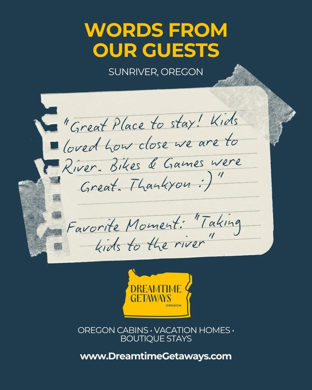 Words from our guests = the best kind of marketing. 💛

&ldquo;Great place to stay! Kids loved how close we are to the river. Bikes &amp; games were great.&rdquo;
Favorite moment: taking the kids to the river 🏞️🚲

This is exactly why we love Sunriv